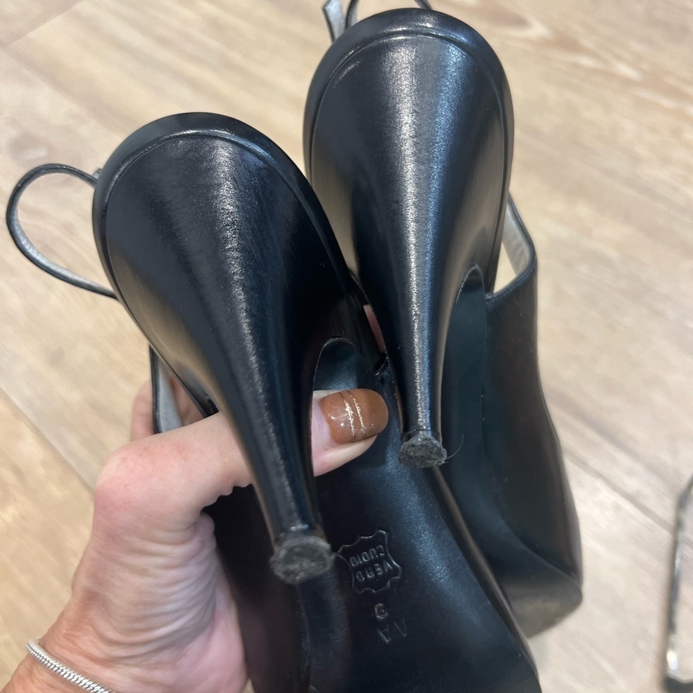 BRUNO MAGLI black leather peep toe sling shoes with gold accent on the toe - Picture 15 of 16
